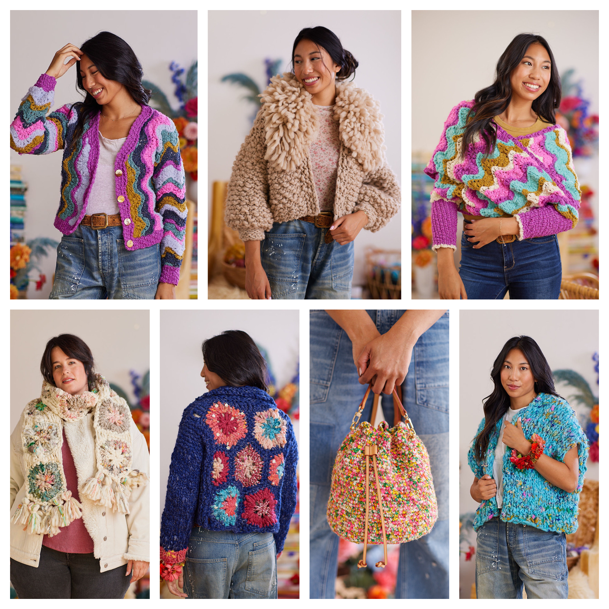 Eight designs that we will knit and crochet in the make-along including sweaters, a scarf, a wrap and a purse